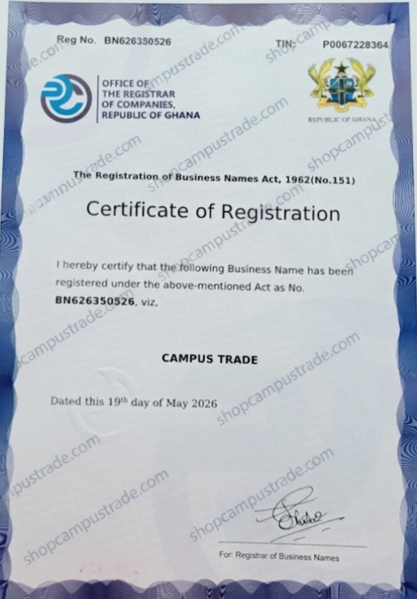 Campus Trade Certificate of Registration from the Office of the Registrar of Companies, Republic of Ghana